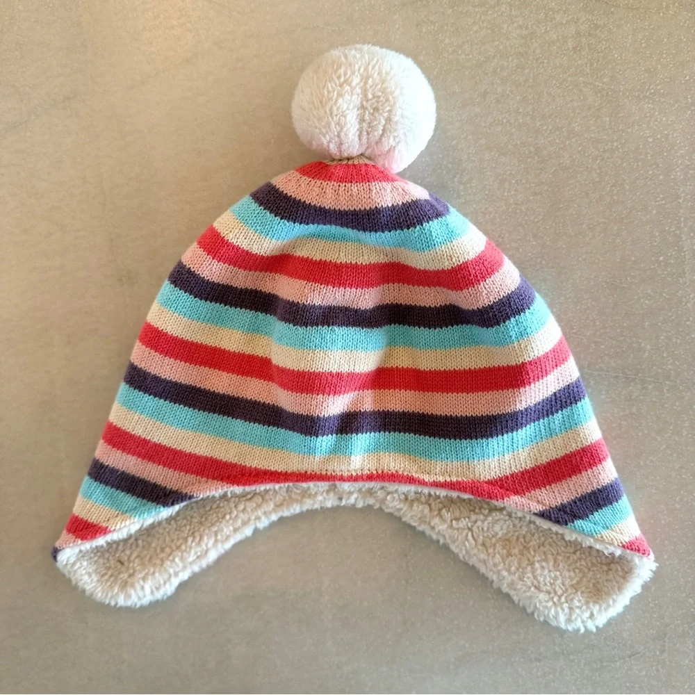 Hanna Andersson Striped Sherpa Lined Winter Pom Hat Beanie | Girls Size S